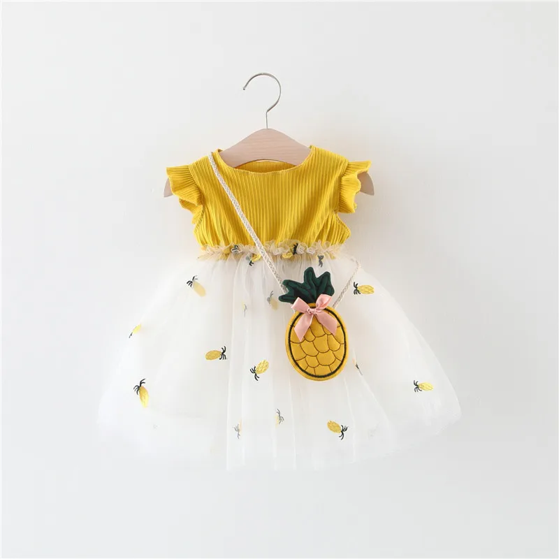 

Summer Kids Girl Mesh Princess Dress Patchwork Tulle Tutu Baby Sleeveless Dress+Hat Pineapple Design Cute Children Clothing A461