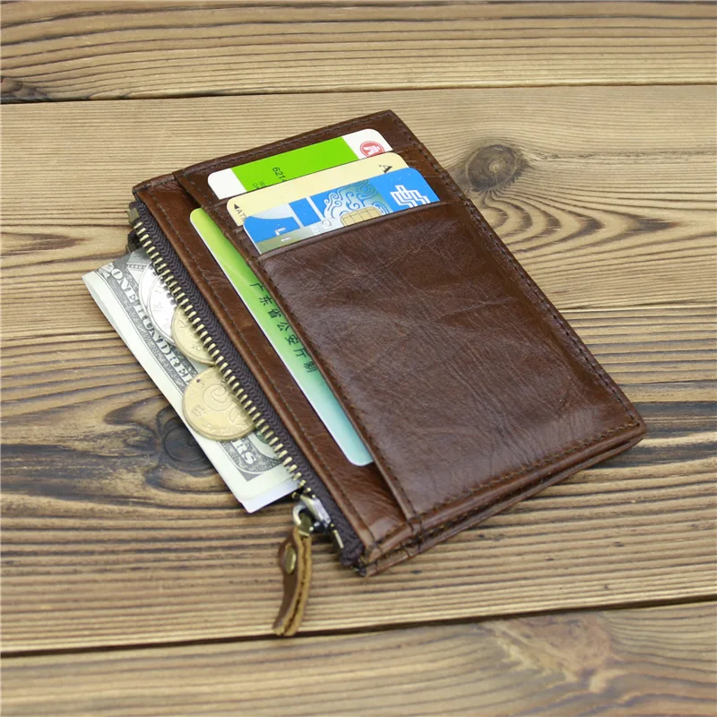 

Men and Women New Waxed Leather Zipper Coin Purse Vertical Ultra-thin Short Card Coin Key Storage Bag