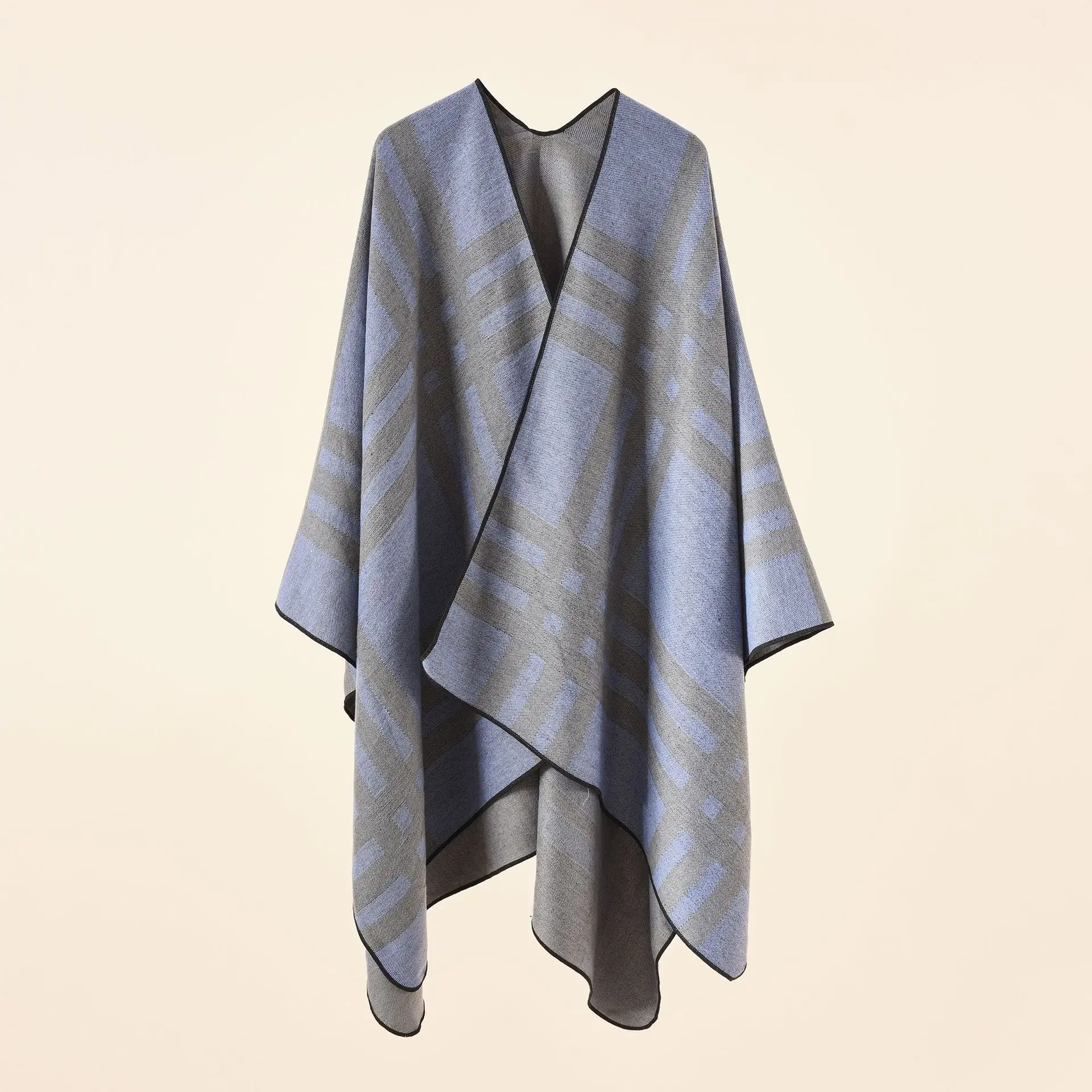 

2022 Autumn Winter New Large Plaid stripe pattern Imitation Cashmere Warm Casual Women Shawl Poncho Capes Lady Coat Blue