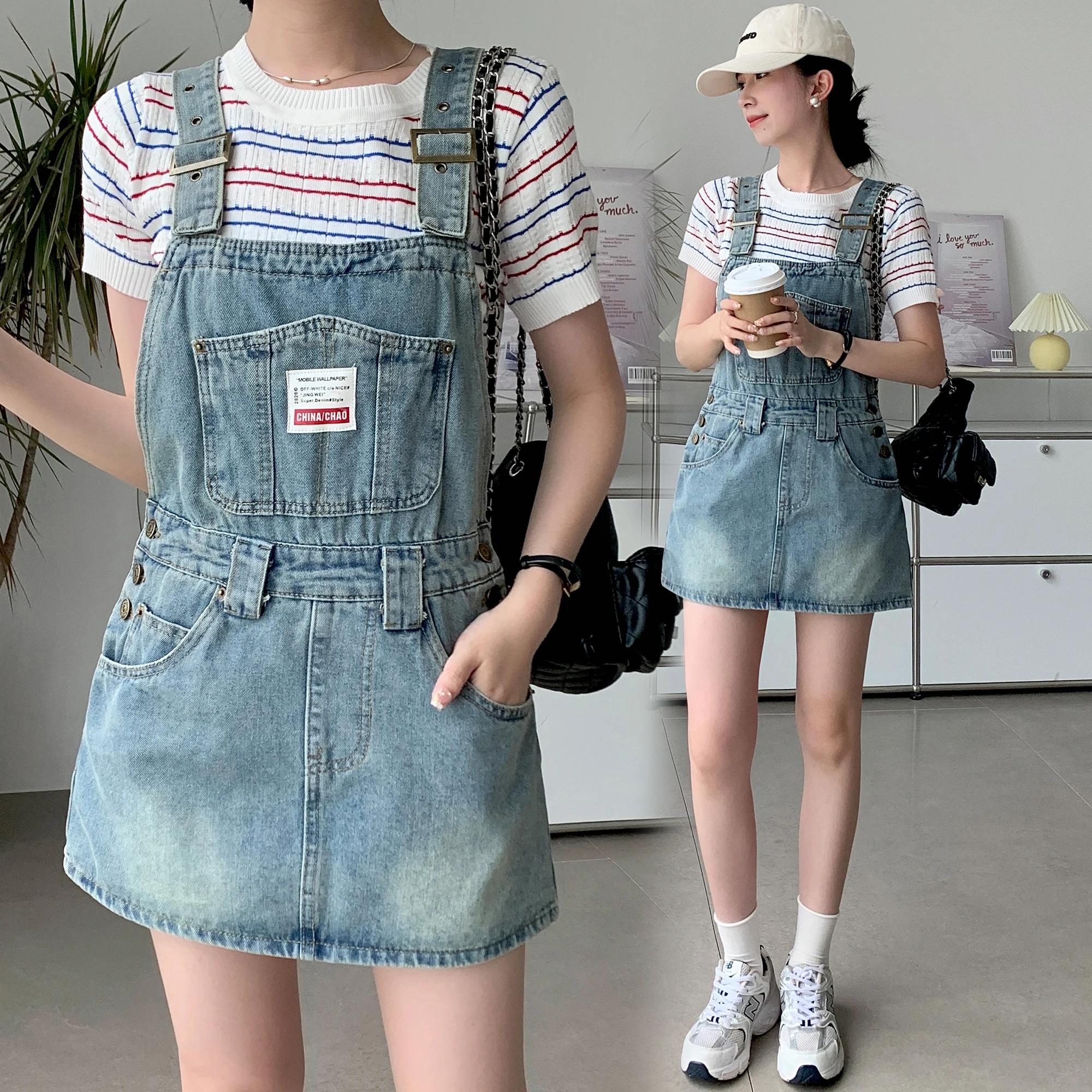 Denim Strap Skirt Women's Blue Commuter Casual Summer Versatile Short Skirt Slim and Anti Strapping