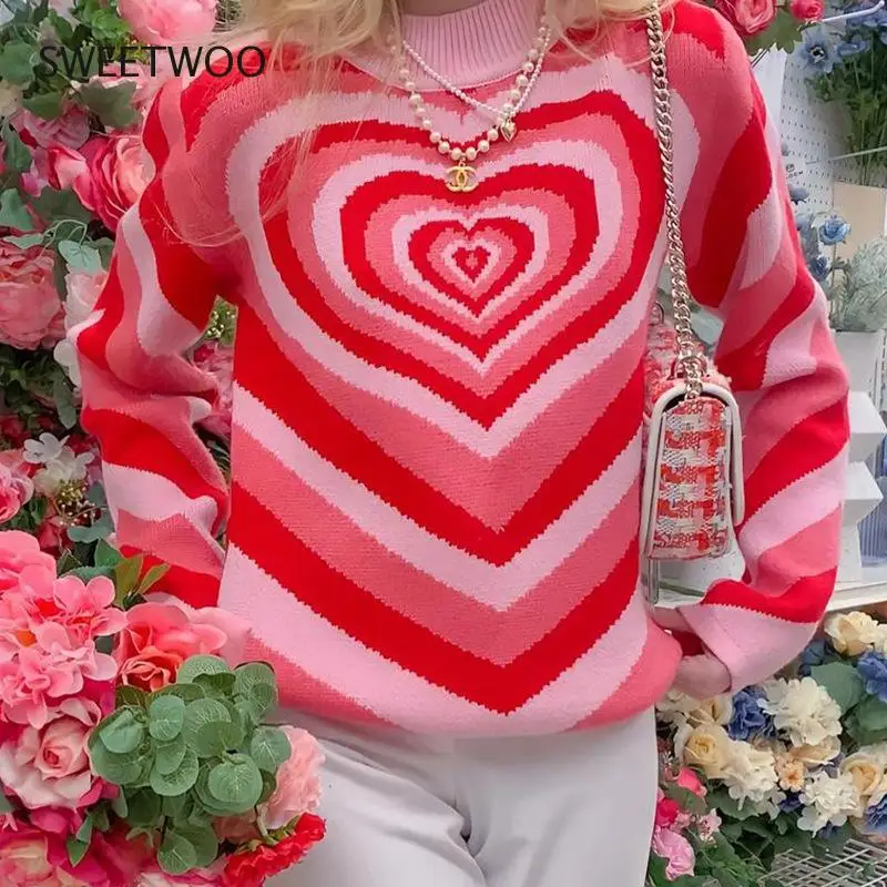 

Y2K Aesthetics Heart Striped Turtleneck Pullovers E-girl Sweet Long Sleeve Hot Pink woman sweaters Harajuku 90s Knitwear Autumn