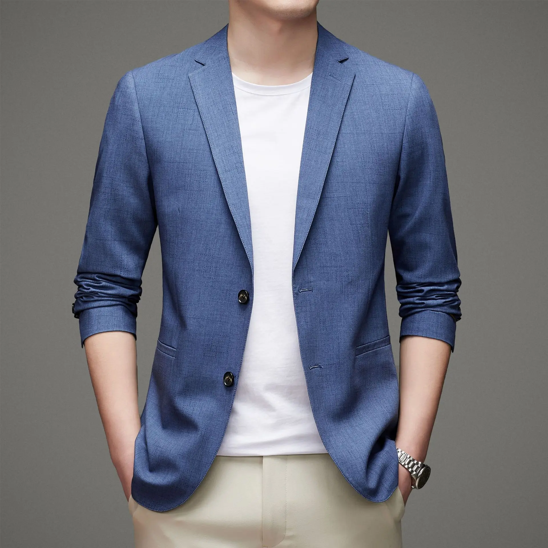 

HOO 2022 Men's Spring Dark Pattern Double Buckle blazer Youth New Simple Leisure Iron-Free Slim Fit blazer men