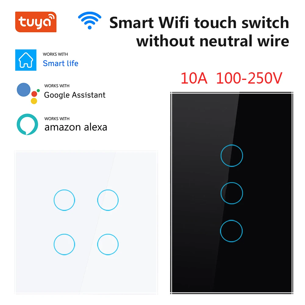 

Tuya Smart Wifi Touch Switch No Neutral Wire EU US 1/2/3 Gang Wall Light Switch Smart Home Life Support Alexa Voice Google Home