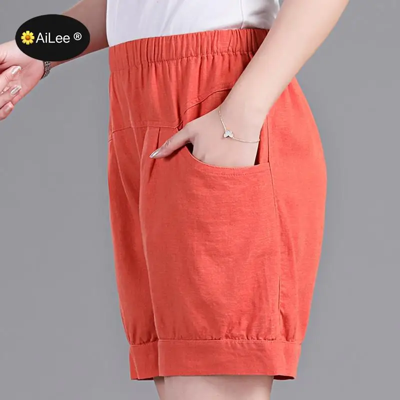 Yellow Vintage Loose Cotton Linen Woman Summer Bermuda Shorts Casual Elastic High Waist Soft Wide Leg Short Pants Retro Femme