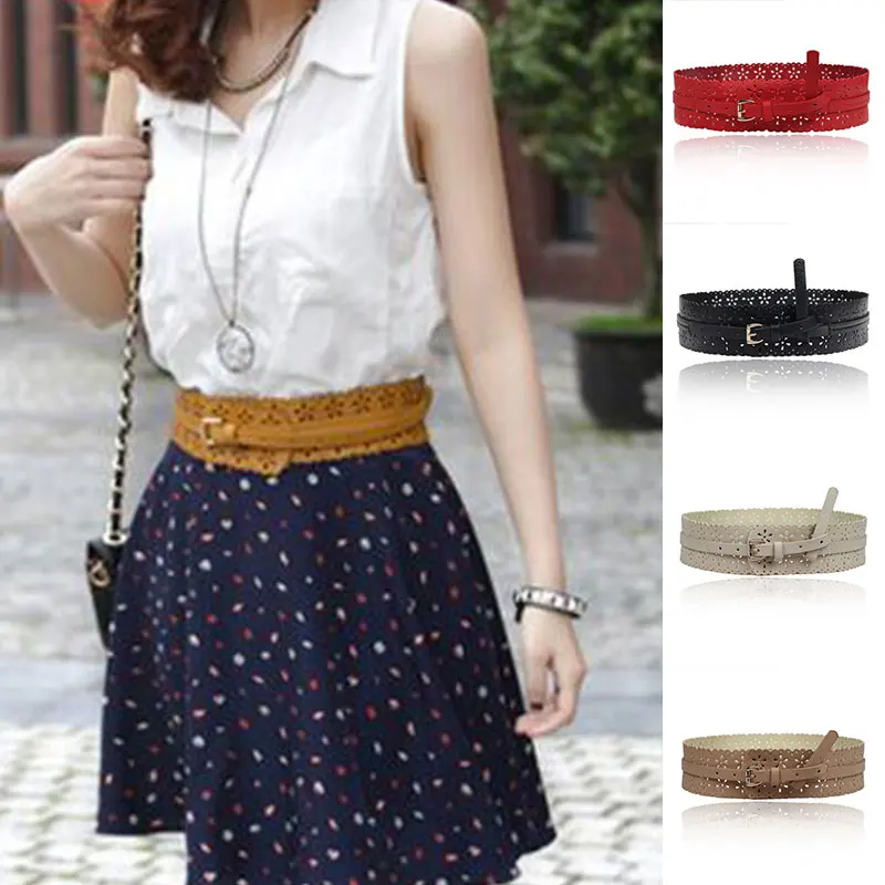 

PU Leather Belt Hollow Flower Design Corset Belt Dresses Coat Female Waistband Solid Color Vintage Wide Pin Buckle Waist Belt