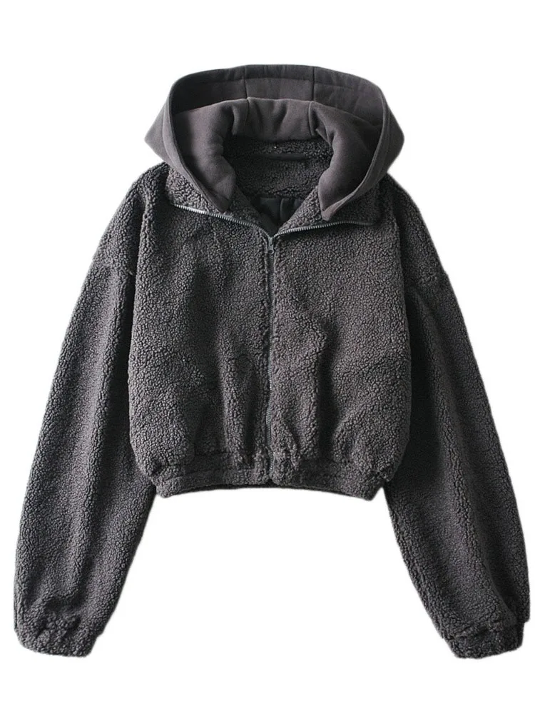 

Spring Women Cashmere Fur Detachable Hooded Jacket Lazy Loose Streetwear Harajuku BF Coat Winter Faux Fur Zipper Short Jacket