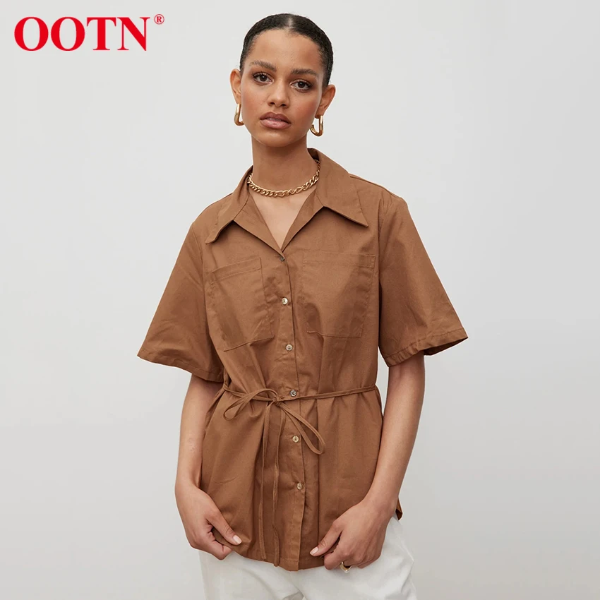 

Женская Повседневная хлопковая коричневая блузка OOTN, винтажный топ с карманами и коротким рукавом на шнуровке