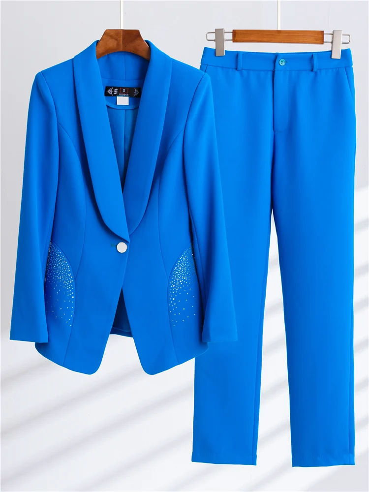 Women's Pant Sets Diamond Fashion Office Ladies Blue White Black Long Sleeve Jacket+Trousers Formal 2 Piece Set Outfit