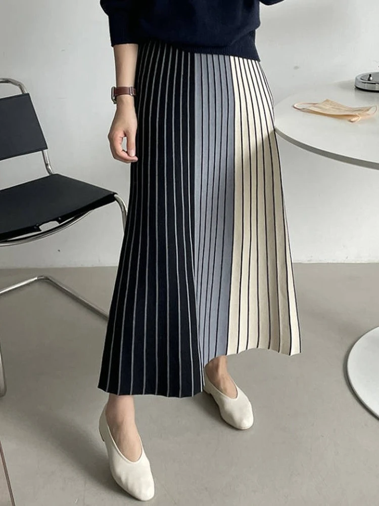 Skirt Women Knitted Casual Vintage Maxi Skirt Vintage Warm Thick Midi Stripe