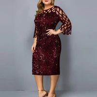 fashion shiny party womens summer dress elegant three quarter sleeve o neck patchwork sequined evening dress for banquet