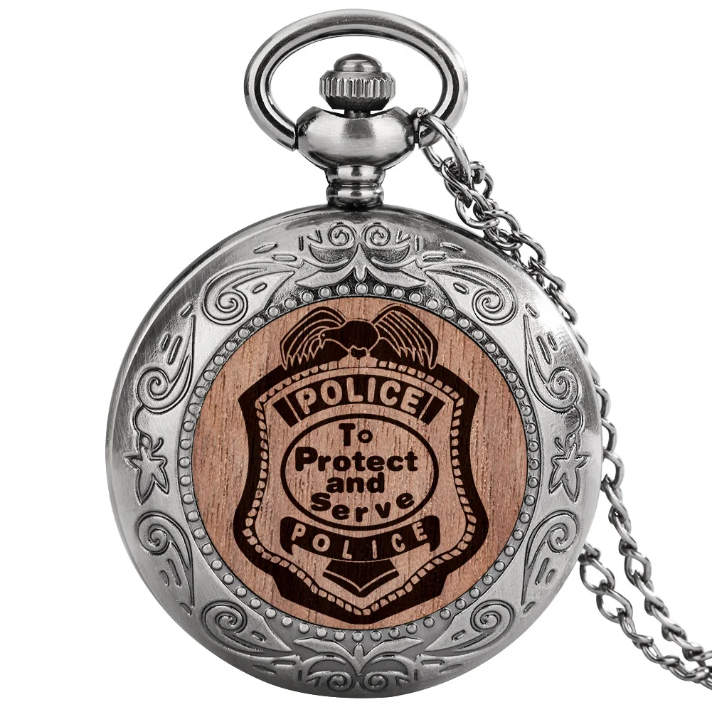 

Men Women'quartz Pocket Watch Necklace with American Police Logo Walnut Small Wood Chip Slim Chain High Grade Pendant Souvenir