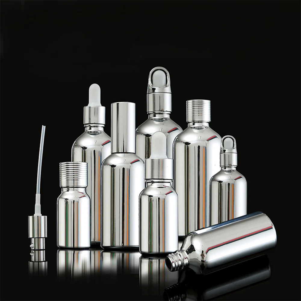 

15PCS 5/10/20/100ml Silver Glass Essential Oil Bottles Lotion Pump Atomizer Spray Bottle Dropper Vial Cosmetic Serum Packaging
