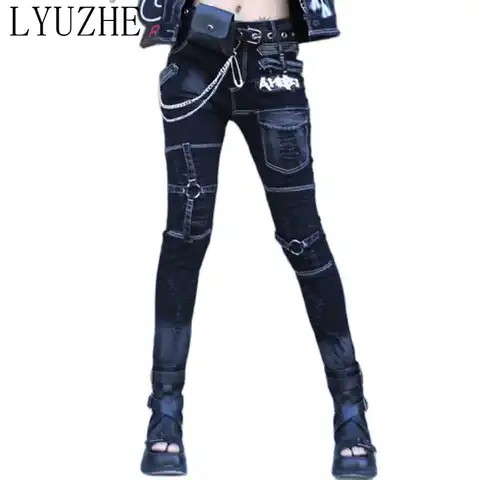 LYUZHE Cool Design Stitching Letter Print Pencil Pants 2023 Spring Autumn High Waist Slim Black Jeans Women Pants TT198L