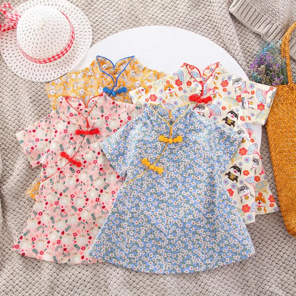 

Baby Girls Cotton Short-sleeved Floral Cheongsam Dress Hanfu Retro Sweet Girls Chinese Style Princess Dress Summer A-line Dress