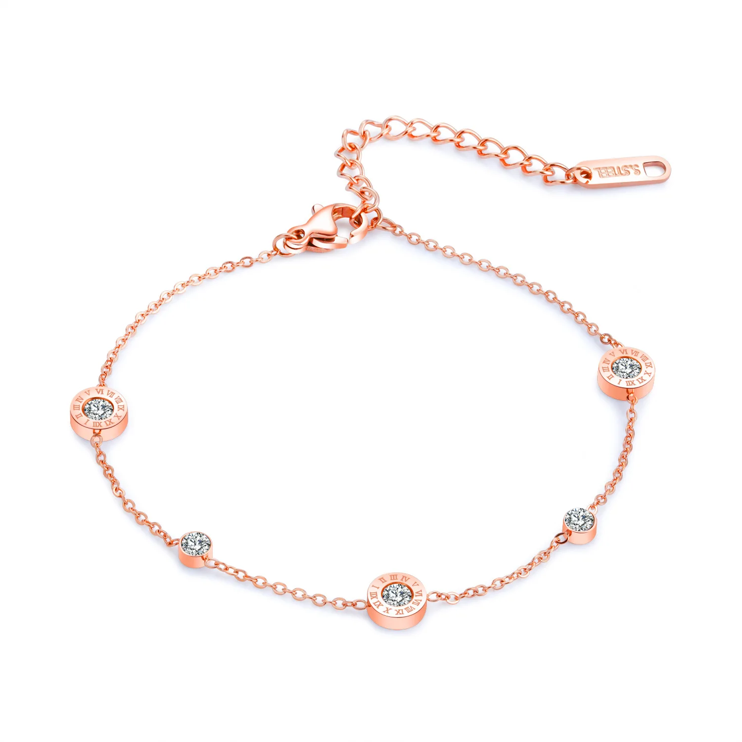 

Simple Student Sen Boudoir Bracelet Titanium Steel Plated Rose Gold Roman Numerals Set with Diamond Round Cake Bracelet