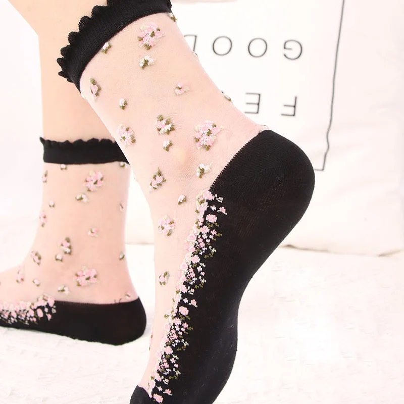 1 Pair Roses Female Ultra Thin Summer Breathable Transparent Sock Socks Lace Crystal Elastic 5 Colors