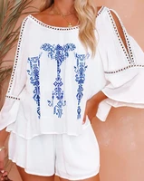 women summer 2022 casual two piece set tribal print contrast lace bell sleeve top shorts set womens clothing fashion suit new