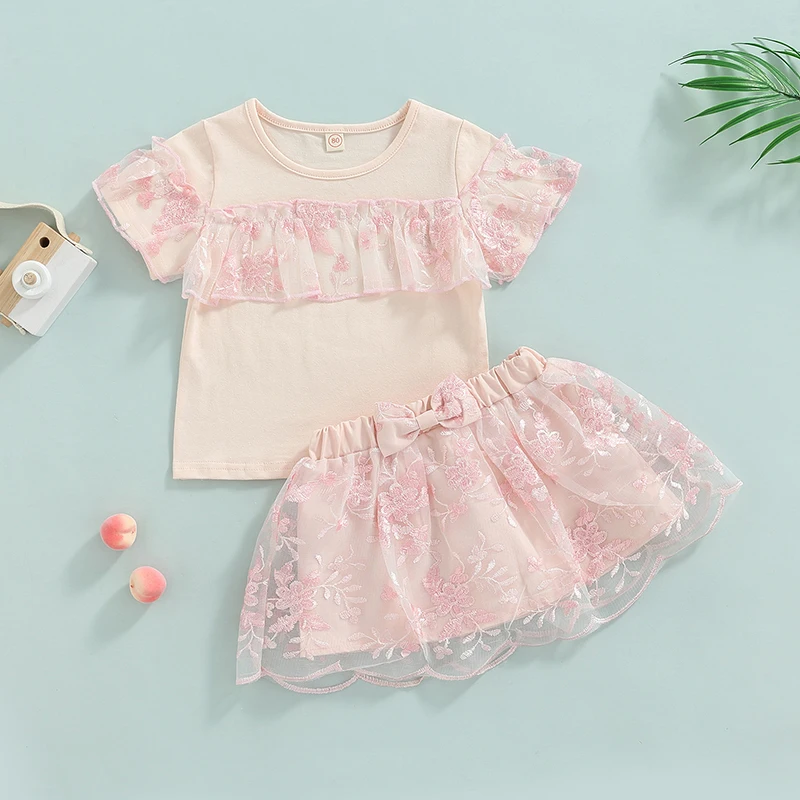

2Pcs Little Girls Outfit, Toddlers Sweet Style Mesh Splicing Flower Embroidery Round Collar Short Sleeve Tops + Half Skirt