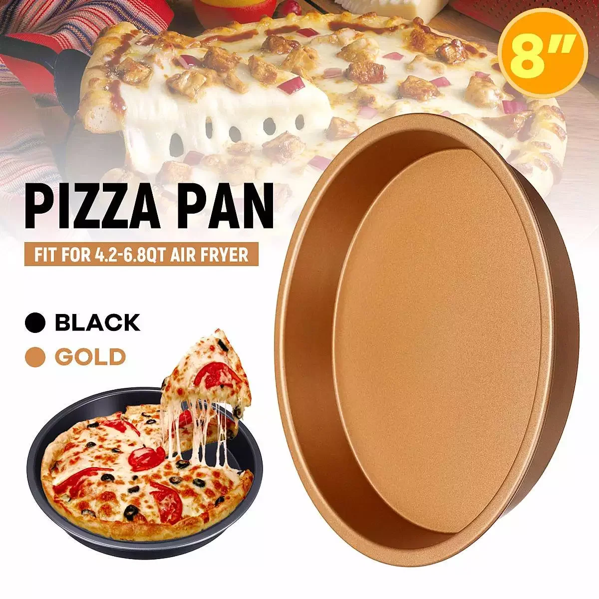 

New Carbon Steel Pizza Pan 200mm Gold Baking Pan For 4.2-6.8QT Air Fryer Accessories Plate Dishes Cooking Baking Kitchen Tools