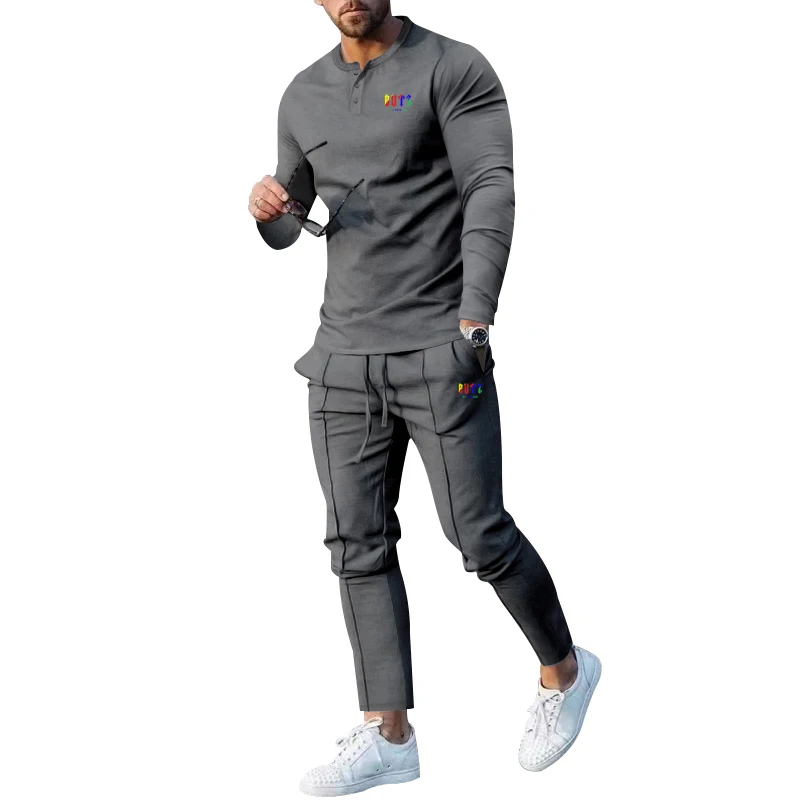 Spring and Autumn 2023 New Large Men's Solid Henley shirt Long Sleeve Pants Set Casual Fashion Comfortable Fit Fashion Spot
