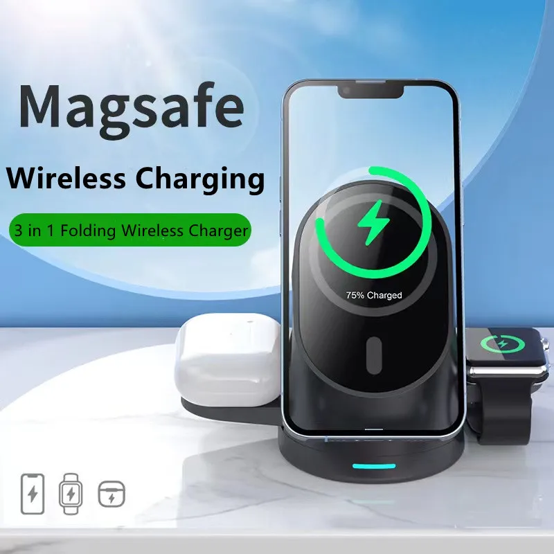 

3in1 Magnetic Absorption Vertical Wireless Charger Seat Automatic Intelligent Fast Charging For Phone Watch Headset Charge