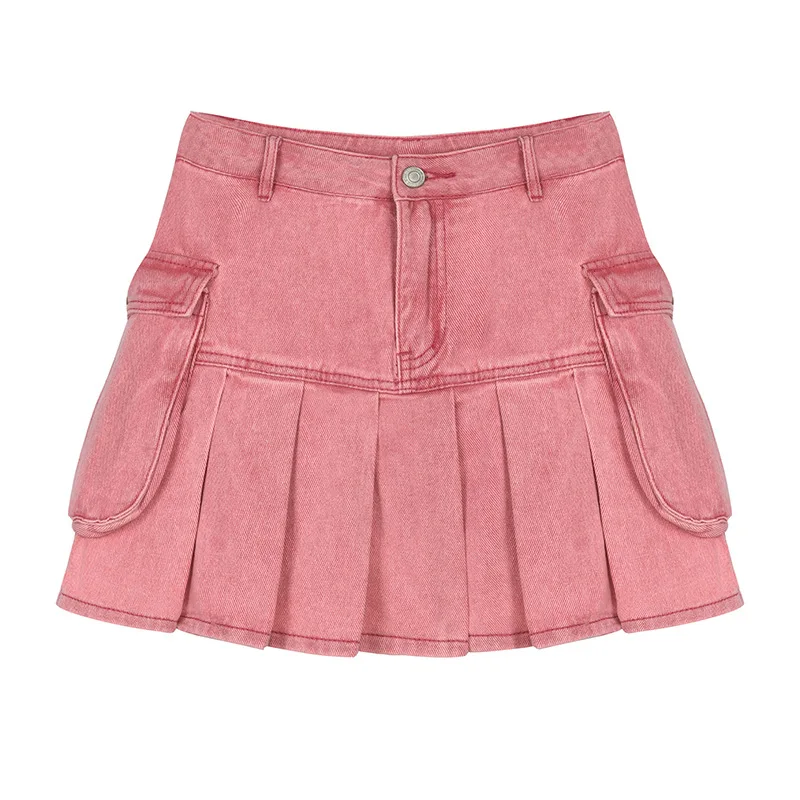 

Летняя джинсовая трапециевидная мини-юбка, Женская плиссированная юбка с высокой талией, модная розовая юбка в американском стиле, готическая юбка Y2k, лидер продаж