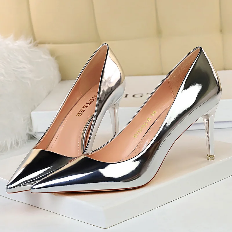 

Maogu Women 7.5cm 10.5cm High Heels Pumps Wedding Bridal Stiletto Low Heels Lady Scarpins Silver Sparkly Shiny Leather Shoes 43