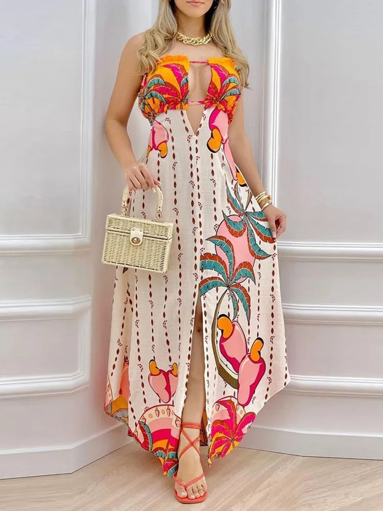 

Tropical Print Tied Detail Bandeau Maxi Dress