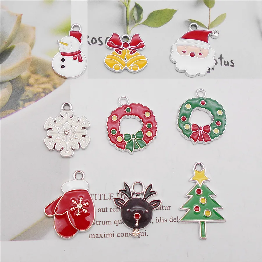 

Julie Wang 9PCS Enamel Cartoon Christmas Charms Santa Tree Deer Bell Snowman Snowflake Wreath Pendant Bracelet Jewelry Accessory
