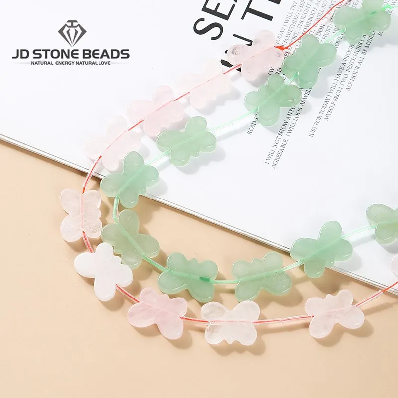 Cuentas de cristal sueltas con forma de mariposa, 14x22mm, Cuarzo Rosa Natural, Aventurina verde, para la fabricación de joyas, accesorios para collares