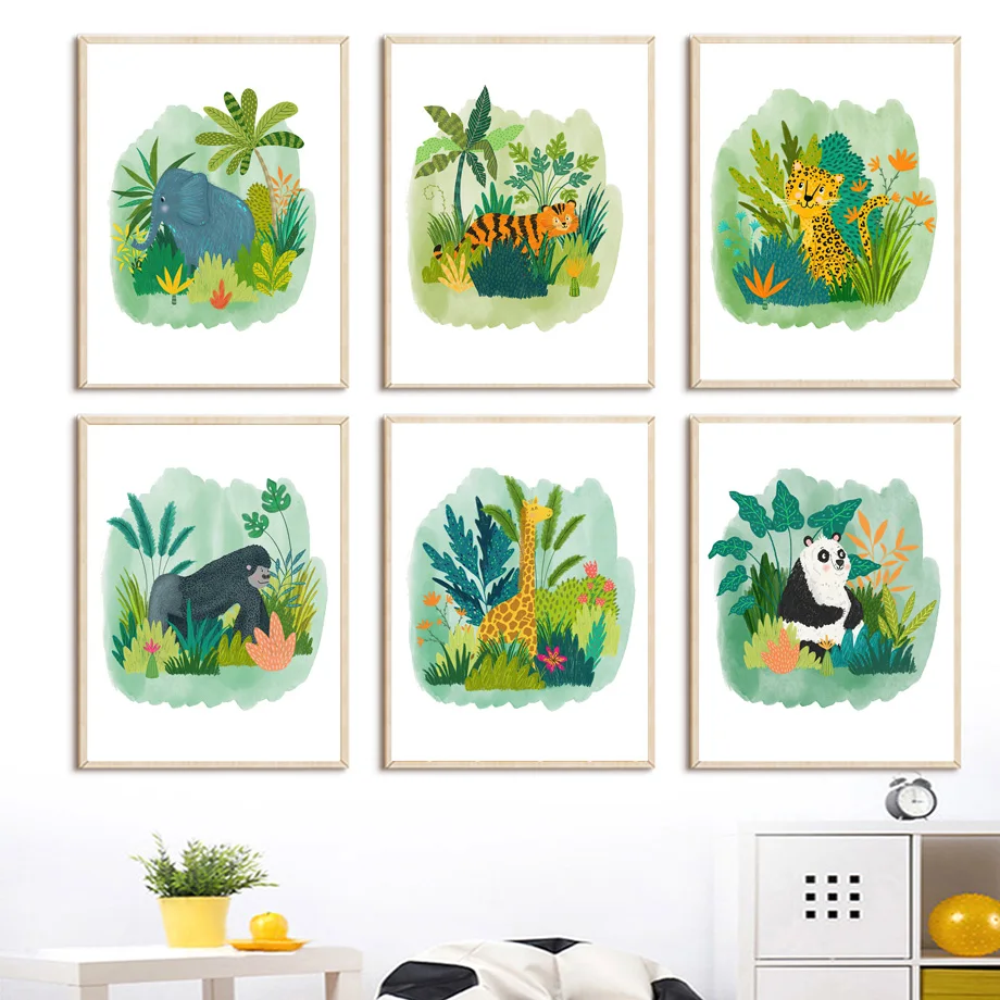

Жираф, тигр, слон, леопард, панда, джунгли, настенная Картина на холсте, постеры и принты, декоративные картины для детской комнаты