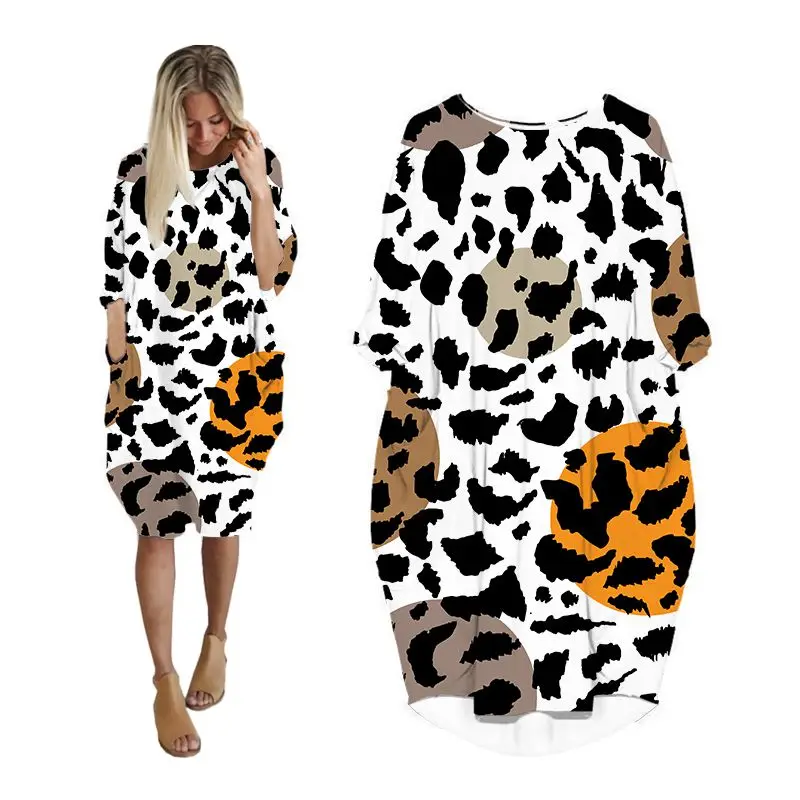 

dresses for womens 2022 printed leopard streetwear fashion long sleeve woman clothes casual plus size clothing midi female dress