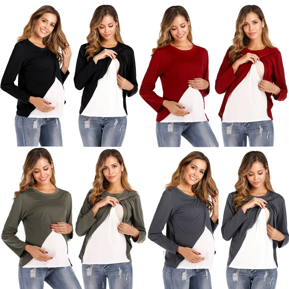 Mama Clothes Maternity Long Sleeve Tshirt Round Neck Nursing T-Shirt Top Women Breastfeeding Patchwork Casual Pregnancy Clothing