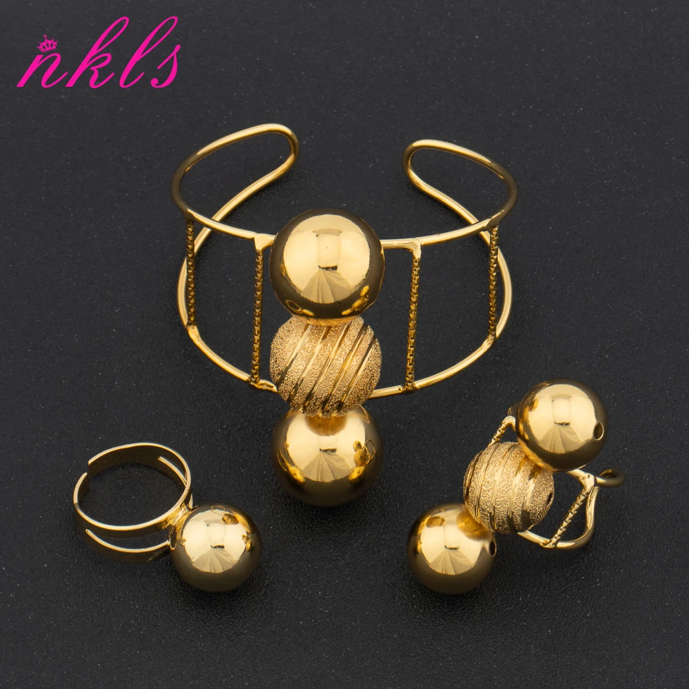 

Large Bead Bangle With Ring for Women Dubai Arabic Gold Color Cuff Bracelet 2 Rings African Fashion Jewelry Set Christmas Gift