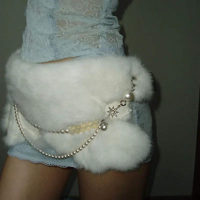 Черный пояс из кроличьего меха Y2K с жемчужной цепочкой пушистый мех сексуальные