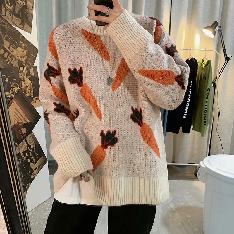 Knitted Sweater Women Carrot Pattern Long-Sleeved Pullover Loose O-Neck White Gray Sweater 2022 Autumn Winter Men And Women