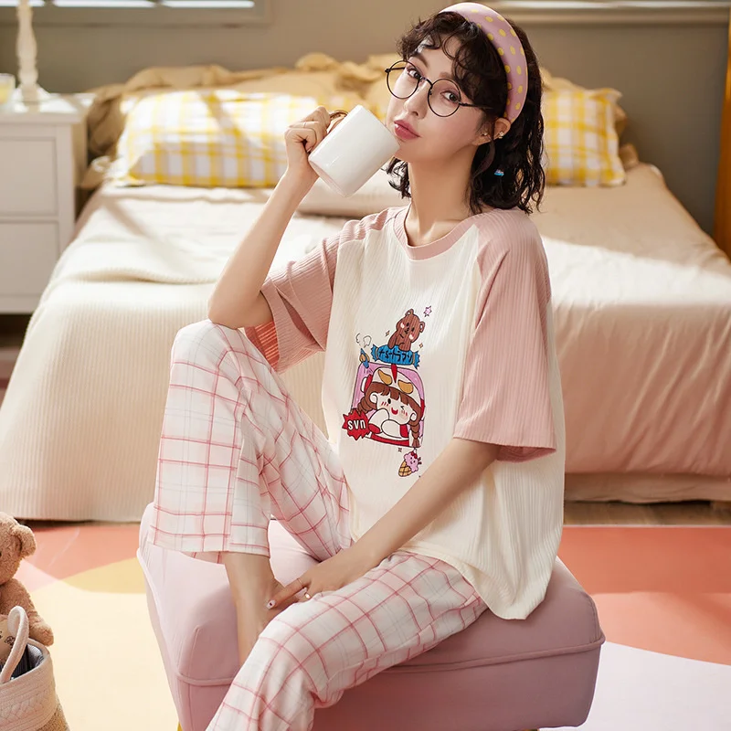 pajamas female summer short sleeved trousers pure cotton lovely girl spring autumn thin style summer two-piece home clothes