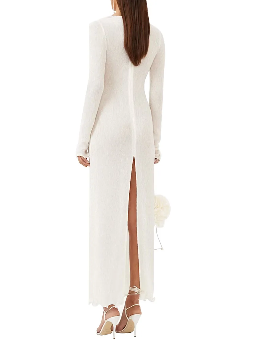 

Huyghdfb Vestido longy2k с V-образным вырезом и цветами, 3D для женщин, прозрачный, длинный рукав, для летнего сезона