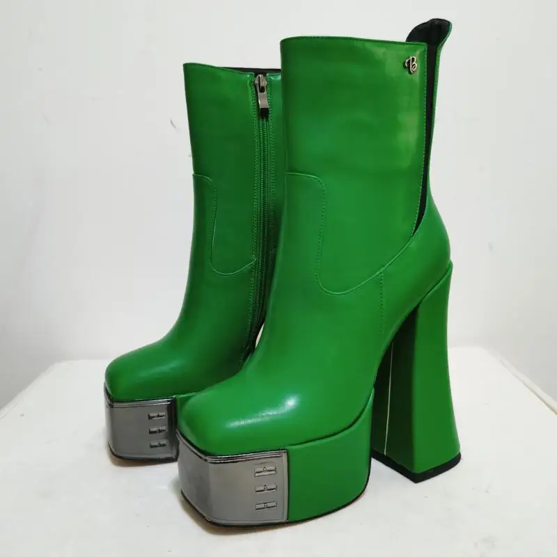 

Metal Square Head Punk Style Motorcycle Boots 2022 Autumn Winter New High Quality Leather Thick High-Heeled Platform Shoes Women