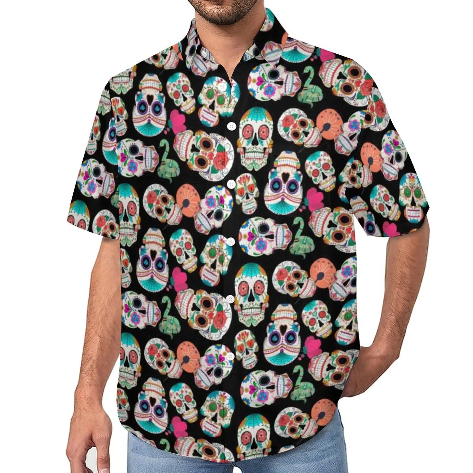 

Trendy Floral Skull Loose Shirt Men Vacation Colorful Sugar Skulls Casual Shirts Hawaiian Design Short Sleeve Oversized Blouses