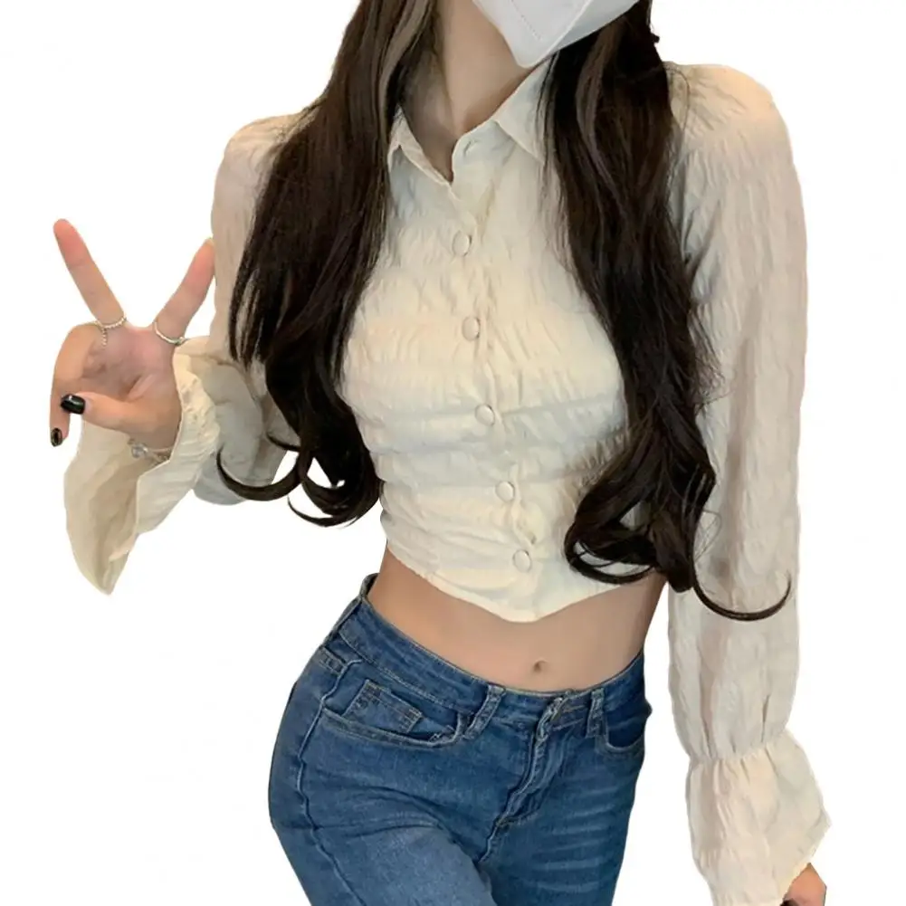 

Women Spring Shirt Hollow Out Lace Up Short Pattern Long Sleeves Bow-knot Dress-up Waist-exposed Single-breasted Lantern Sleeves