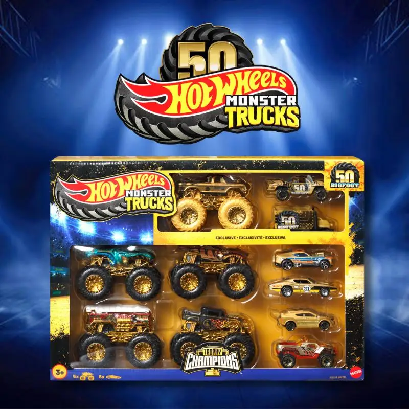 Фото Набор из 11 литых машинок Hot Wheels Monster Trucks Trophy Champions Bigfoot к 50-летию, масштаб 1:64, подарок для коллекционера №1