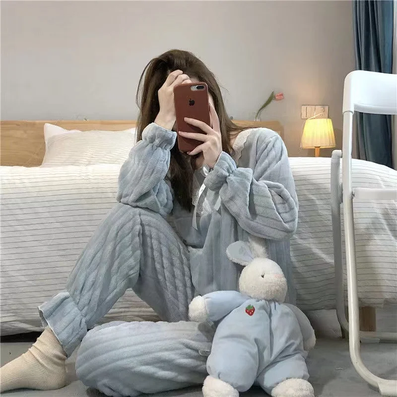 Coral Fleece Pajamas Set Women 2 Piece/Set Sweet Cute Long Sleeve Trousers Female Sleepwear Homewear Pijama Suit