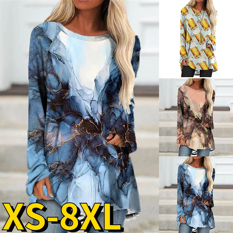 

2022 Autumn Women's Everyday Fashion Top Elegant Loose Size Long Sleeve Round Collar Oversized Pullover Vintage Prints Tee Shirt