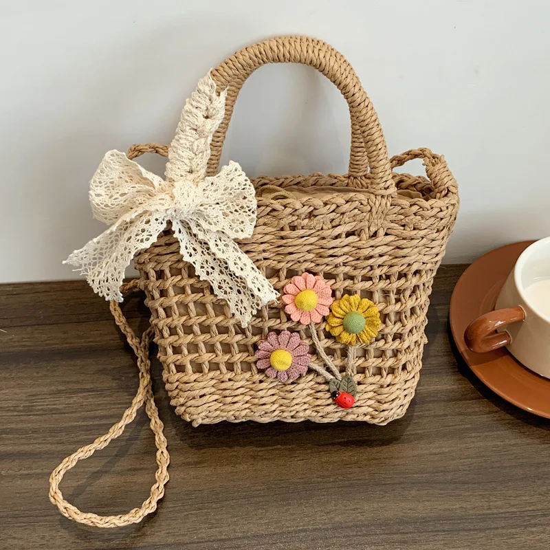 New 2023 Women Straw Shoulder Messenger Flower Bow Style Purses And Handbags Beach Shopping Bags For Young Gilrs
