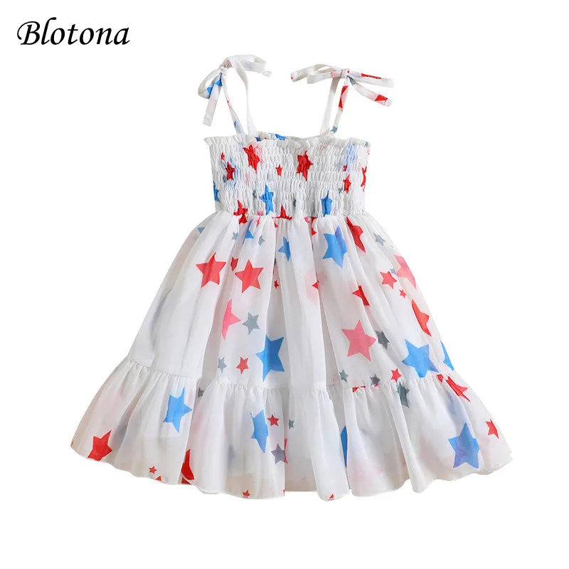 

Blotona Baby Kids Girl’s Slip Dress, Sleeveless Stars Print Pleated Summer Casual A-line Dress for Independence Day 6M-5Y