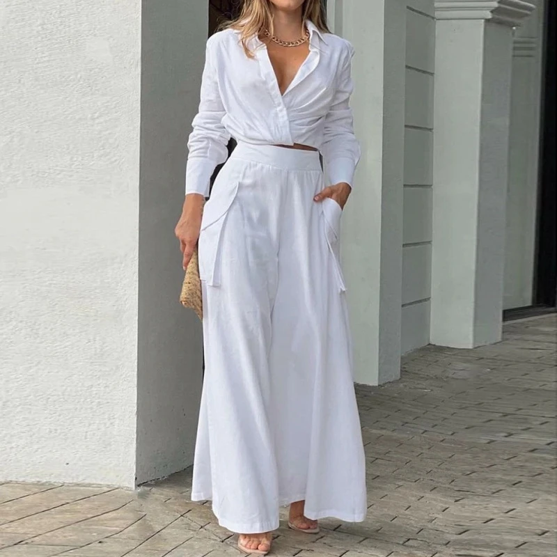 

STYLISH LADY Brief 2 Piece Set Women Long Sleeve Crop Shirt and Wide Leg Pant Suits 2022 Autumn Pocket Elegant OL Outfits
