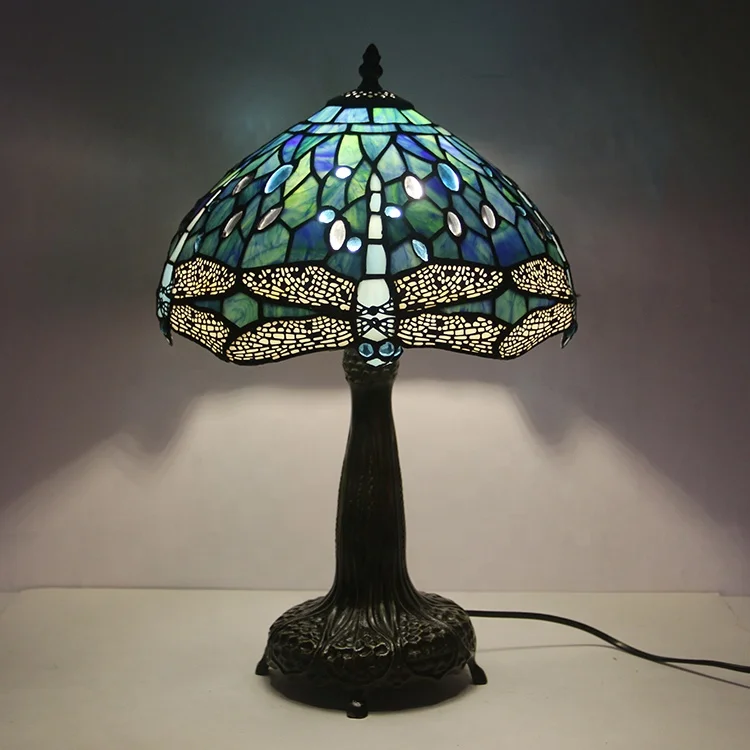 

LongHuiJing 12Inch Hot Sale Tiffany Table Lamp with Stained Glass Dragonfly with Beauty Base