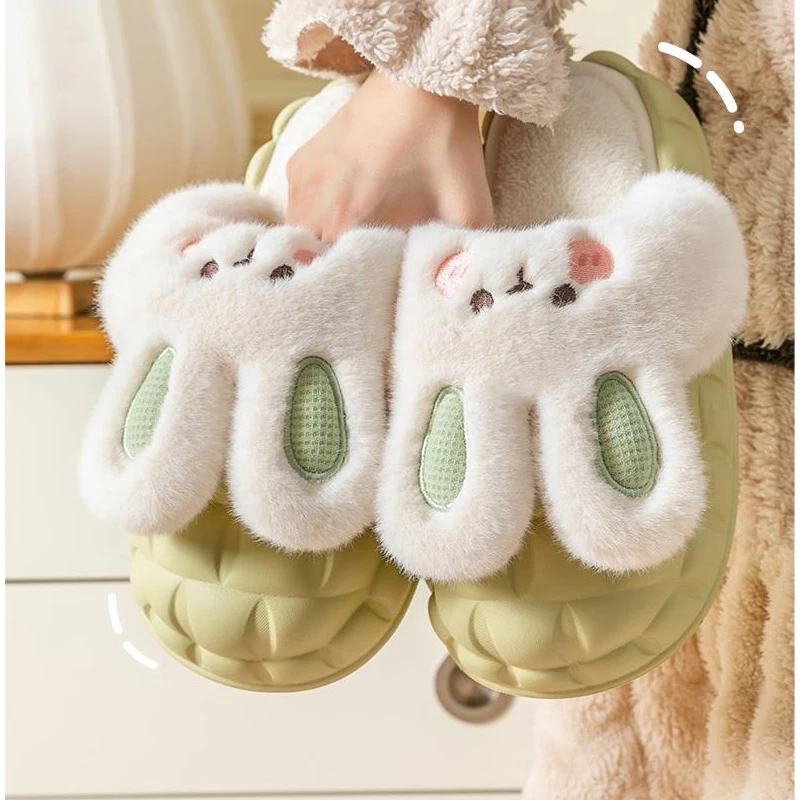 

2022 Winter Cartoon Plush Slippers Surface Waterproof Indoor Slippers Warm Plush Lining Removable Women's Shoes Rabbit