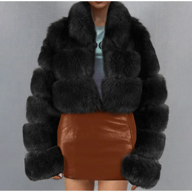 Winter Faux Fur Coat Women Fashion Plush Thermal Slim Fit Coat Women Casual Long Sleeve Turtleneck V-neck Stitching Korean Coat